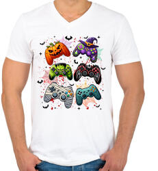 printfashion Retro Halloween Gaming Controller - Férfi V-nyakú póló - Fehér (16772954)