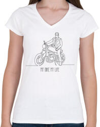 printfashion My bike my life - Női V-nyakú póló - Fehér (6364807)