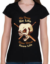 printfashion No Drum, No Life - Női V-nyakú póló - Fekete (6987883)