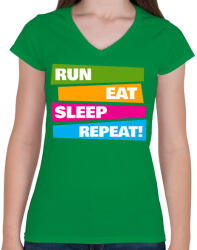 printfashion Run Eat Sleep Repeat! - Futás - Női V-nyakú póló - Zöld (850988)