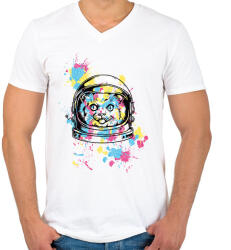printfashion Asztronauta macska - Férfi V-nyakú póló - Fehér (1853188)
