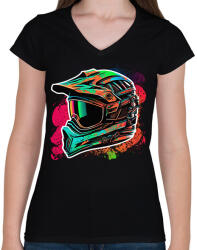 printfashion Motocross sisak - Női V-nyakú póló - Fekete (13035753)