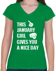 printfashion Ez a januári csaj szép napot kíván neked - Női V-nyakú póló - Zöld (1365819)