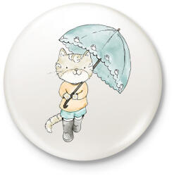 printfashion Macska egeres ernyővel - Kitűző, hűtőmágnes - Fehér (12422909)