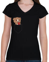 printfashion Kutyus zsebben páros minta - Női V-nyakú póló - Fekete (14133426)