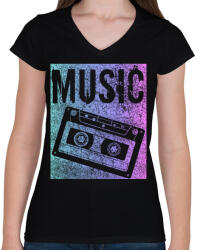 printfashion music - Női V-nyakú póló - Fekete (5049680)