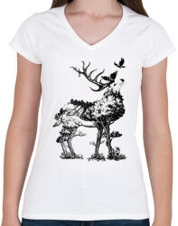 printfashion Double exposure Deer - Női V-nyakú póló - Fehér (1617377)