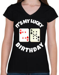 printfashion 49 POKER SZÜLINAP - Női V-nyakú póló - Fekete (9838037)
