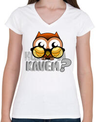 printfashion hol a kávém owl 1 - Női V-nyakú póló - Fehér (6135954)