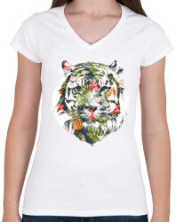 printfashion Tropical tiger - Női V-nyakú póló - Fehér (240088)