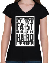 printfashion Stay true, Live fast, Rock hard, Rock & Roll - fekete - Női V-nyakú póló - Fekete (6373256)