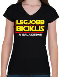 printfashion LEGJOBB BICIKLIS A GALAXISBAN - Női V-nyakú póló - Fekete (11555873)