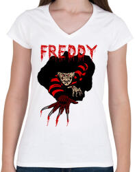printfashion freddy cartoon - Női V-nyakú póló - Fehér (2000200)