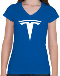 printfashion TESLA logo fehér - Női V-nyakú póló - Királykék (5363130)