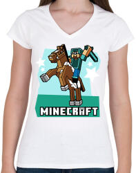 printfashion Minecraft Steve lovas póló - Női V-nyakú póló - Fehér (9233060)