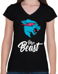 printfashion Mr Beast - Női V-nyakú póló - Fekete (2123307)