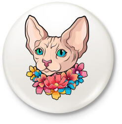printfashion Szfinx cica virágokkal - Kitűző, hűtőmágnes - Fehér (4258628)