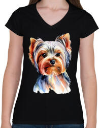 printfashion Yorkshire terrier kutya - Női V-nyakú póló - Fekete (13384394)