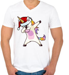 printfashion Karácsonyi unikornis dabbing - Férfi V-nyakú póló - Fehér (1100661)