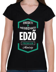 printfashion Edző prémium minőség - Női V-nyakú póló - Fekete (1454783)