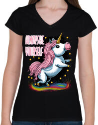 printfashion Légy önmagad - Unikornis malac - Női V-nyakú póló - Fekete (12425738)