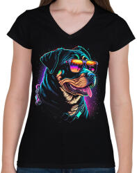 printfashion Retro Rottweiler - Női V-nyakú póló - Fekete (14259181)