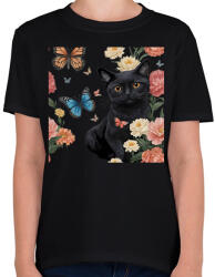 printfashion cica virágokkal és pillangókkal - Gyerek póló - Fekete (15655028)