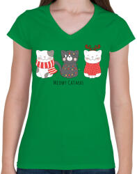 printfashion Meowy Catmas - Női V-nyakú póló - Zöld (5464429)