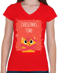 printfashion CHRISTMAS TIME - Női V-nyakú póló - Piros (9545820)