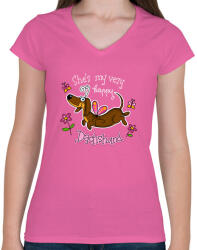 printfashion She's very happy Dachshund - Női V-nyakú póló - Rózsaszín (13435376)