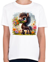 printfashion Barna póni virágcsokorral - Gyerek póló - Fehér (15899170)