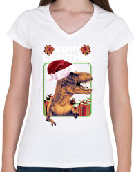 printfashion Dínós Karácsony - Női V-nyakú póló - Fehér (14672929)