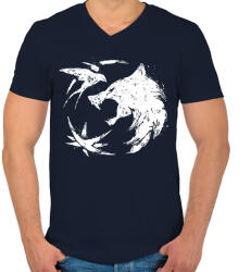 printfashion Witcher farkas fehér - Férfi V-nyakú póló - Sötétkék (5460111)