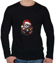 printfashion Vicces karácsonyi cica zsebben - mikulás sapkában - Férfi hosszú ujjú póló - Fekete (15221272)