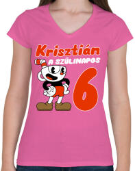 printfashion Cuphead Szülinap - Egyedi névvel - Női V-nyakú póló - Rózsaszín (7019096)