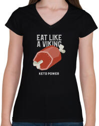 printfashion EAT LIKE A VIKING - Női V-nyakú póló - Fekete (10361181)