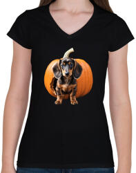 printfashion Tacskó tökben - Női V-nyakú póló - Fekete (14542116)