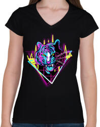 printfashion Neon tigris - Női V-nyakú póló - Fekete (5188676)