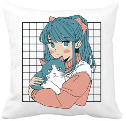 printfashion Animés lány cicával - Párnahuzat, Díszpárnahuzat - Fehér (13994264)