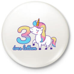 printfashion Unikornis: 3 éves lettem - Kitűző, hűtőmágnes - Fehér (3090070)