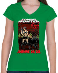 printfashion Zombi vadász - Női V-nyakú póló - Zöld (208151)