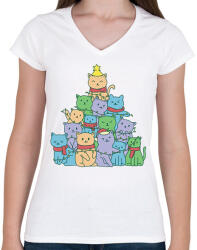 printfashion Macskás karácsonyfa - Női V-nyakú póló - Fehér (5741297)
