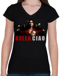 printfashion bella ciao - Női V-nyakú póló - Fekete (5615993)
