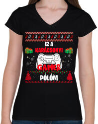 printfashion Ez a karácsonyi gamer pólóm - Női V-nyakú póló - Fekete (10961300)