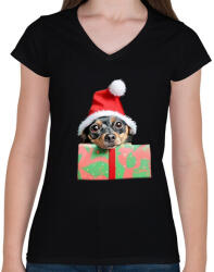 printfashion karácsonyi kiskutya - Női V-nyakú póló - Fekete (15148623)