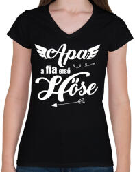 printfashion Apa, a fia első hőse - Női V-nyakú póló - Fekete (5601797)