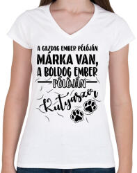 printfashion Boldog ember pólóján kutyaszőr - Női V-nyakú póló - Fehér (16435939)