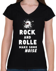 printfashion rock and roll2 - Női V-nyakú póló - Fekete (1565703)