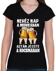 printfashion Nehéz nap, jó este - Női V-nyakú póló - Fekete (14834674)