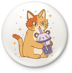 printfashion Cica bubble teával - Kitűző, hűtőmágnes - Fehér (7529907)